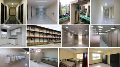 Montaje de interiores, fachadas y espacios de servicio del Centro de Enseñanza Superior.
