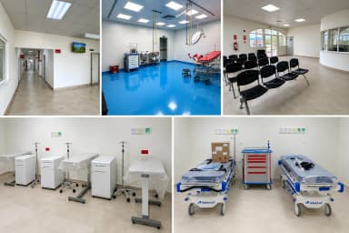 Montaje fotográfico de áreas de atención, circulación y equipamiento del Centro Materno Infantil de Tambo.